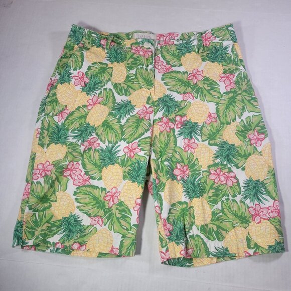 Talbots Women Cotton Blend Tropical Pineapple Print Bermuda Shorts Size 8 - Picture 1 of 8